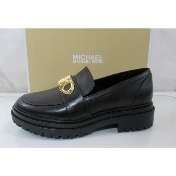 Women's Shoes Michael Kors Parker Lug Loafer MK Chain Leather Black Size 8 - Picture 2 of 7